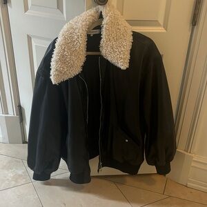 WeWoreWhat Oversized Leather Bomber with Cream Shearling Collar